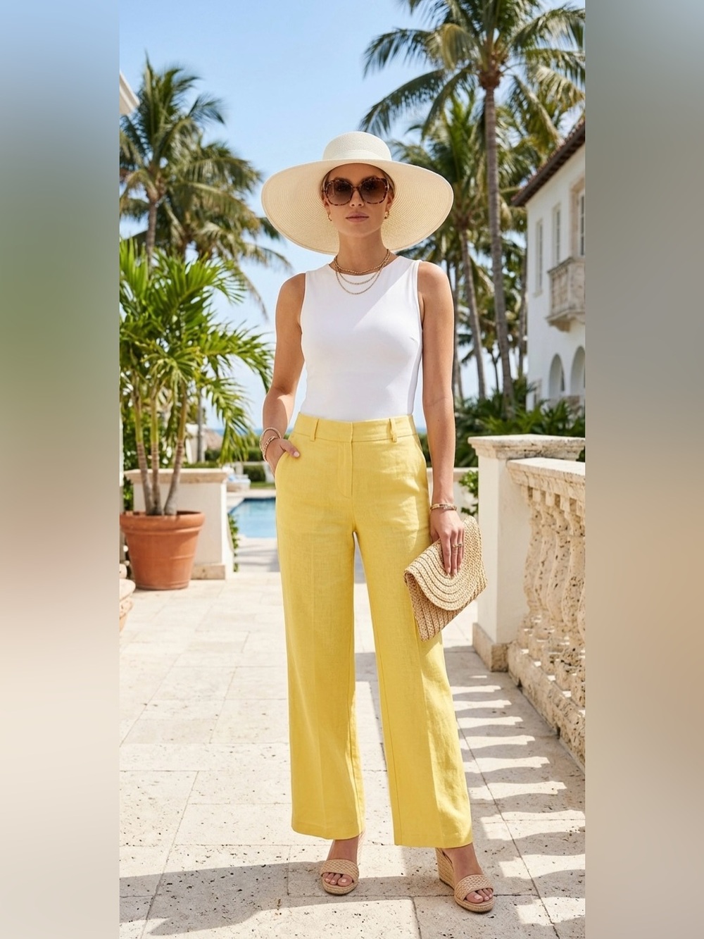 Lilly Pulitzer Yellow Linen Blend Wide Leg Pants Size 8 Resort Coastal Chic